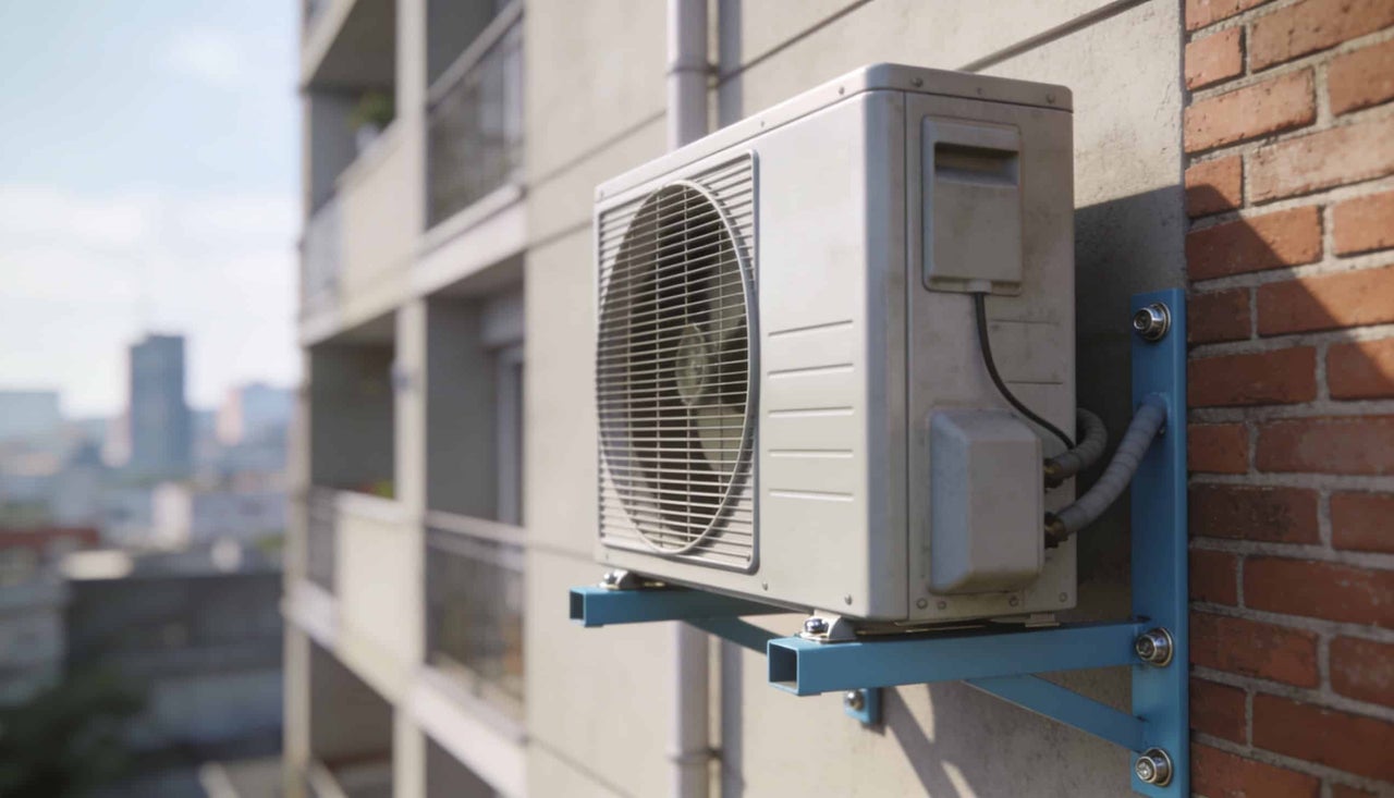 Unitate exterioară a unui aparat de aer condiționat cu grilaj de ventilație, montată pe un suport de perete pe fațada unei clădiri.