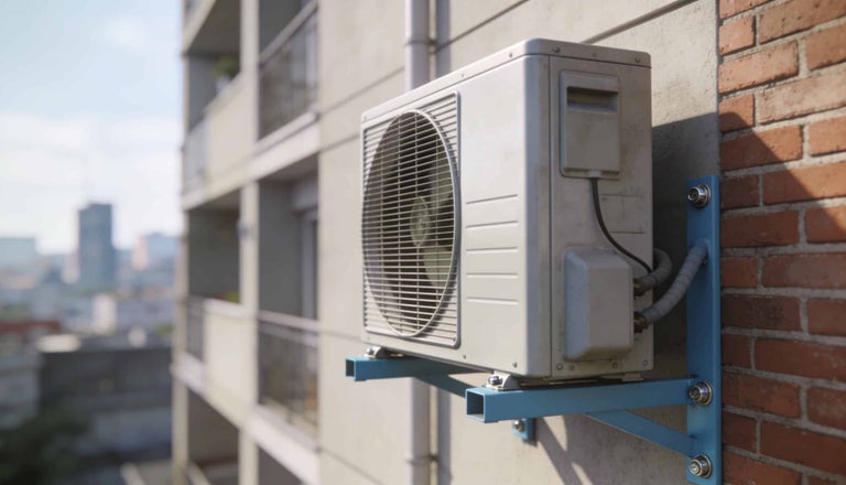 Unitate exterioară a unui aparat de aer condiționat cu grilaj de ventilație, montată pe un suport de perete pe fațada unei clădiri.