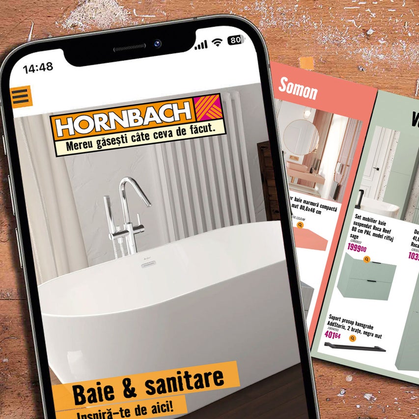 Smartphone afișând site-ul Hornbach cu o categorie pentru baie și sanitare, precum și prezentări de produse pentru mobilier de baie.
