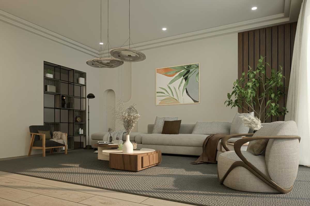 Living cu canapea, fotoliu, măsuțe de cafea și raft