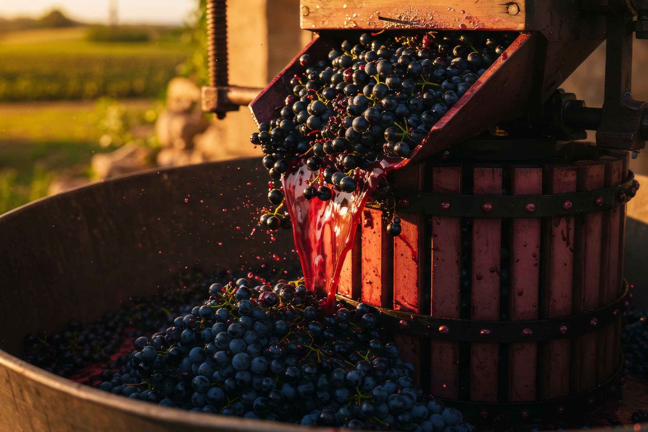 Strugurii sunt presați pentru suc într-o presă de vin.