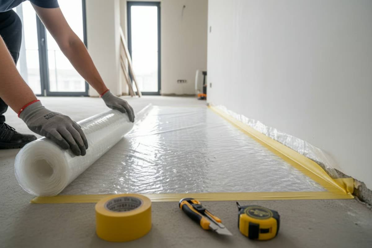 Mester instalând folie de protecție cu bandă adezivă, cuțit și ruletă pe podea.