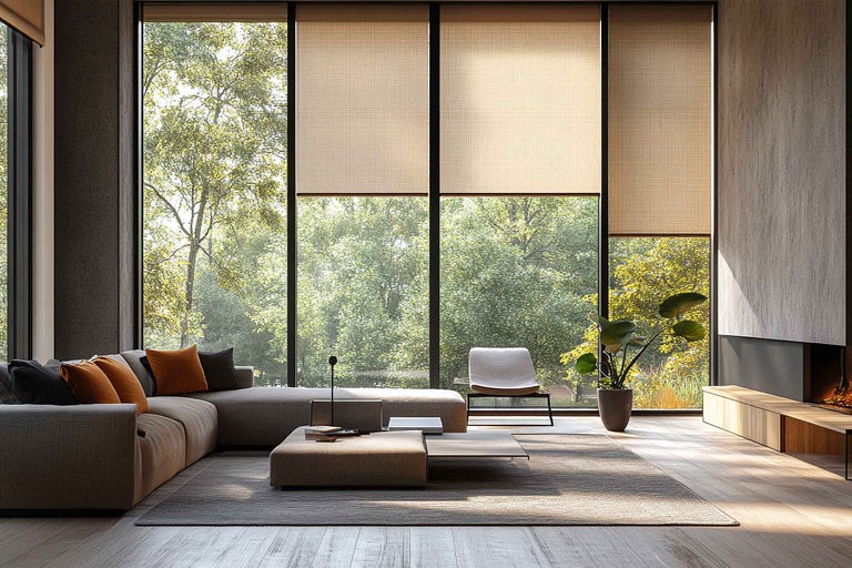 Living luminos cu jaluzele în fața ferestrelor mari, canapea și șemineu