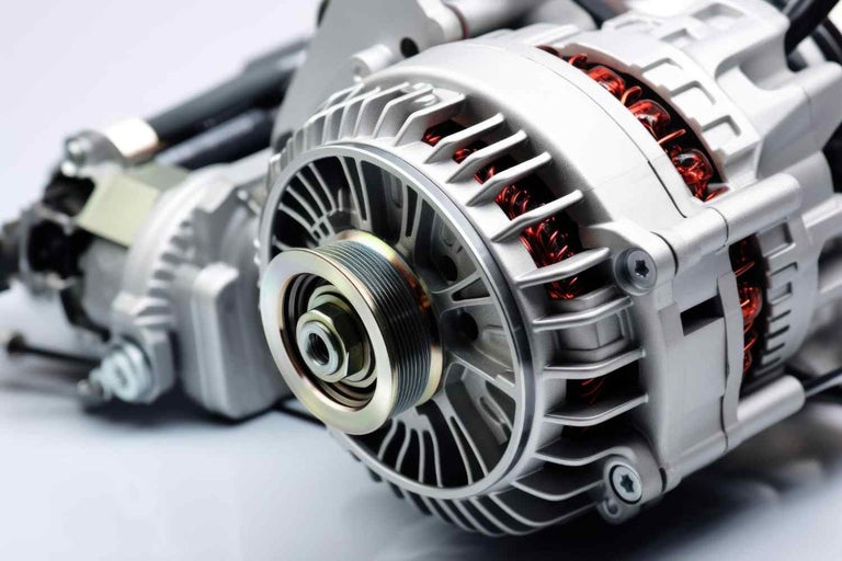Prim-plan al unui alternator cu rolă de curea pentru un autovehicul