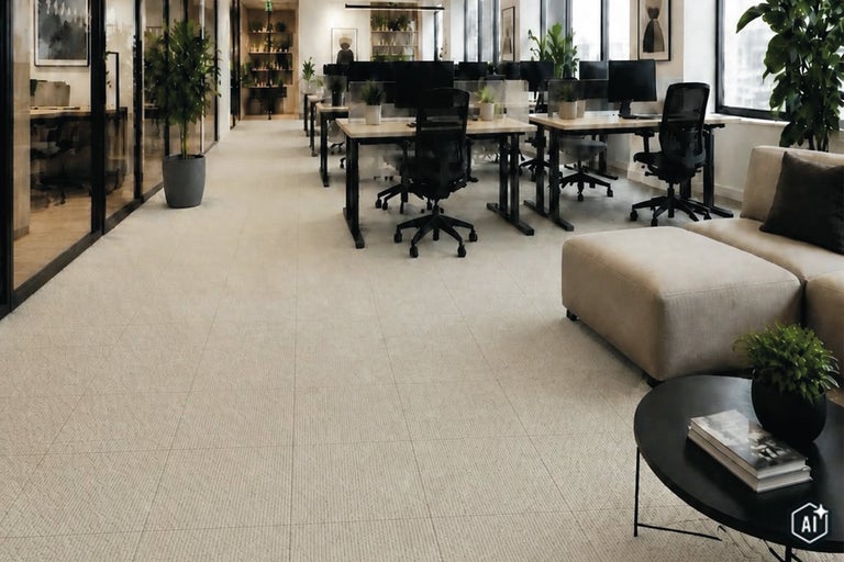 Spațiu de birou modern cu podea din gresie texturată, stații de lucru cu birouri, scaune rotative și zonă de relaxare cu design luminos.