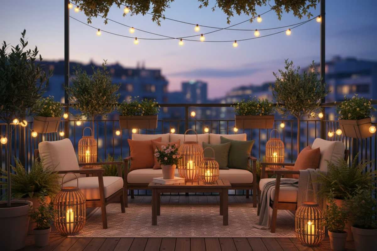 Balcon organizat și iluminat puternic la amurg, cu mobilier din lemn, ghirlande luminoase, felinare din bambus și plante.