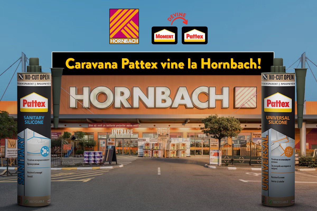 Promoție Caravana Pattex la Hornbach cu silicon sanitar și universal în fața unui magazin. Hornbach Logo, Pattex Logo, Moment Logo.