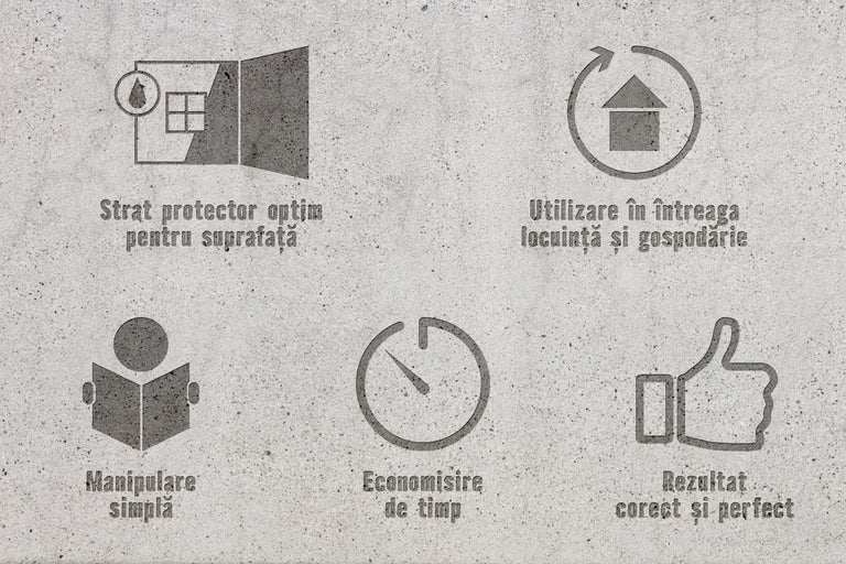 Simboluri care arată protecție optimă a suprafeței, utilizare în toată casa, manevrare simplă, economie de timp și un rezultat corect și perfect