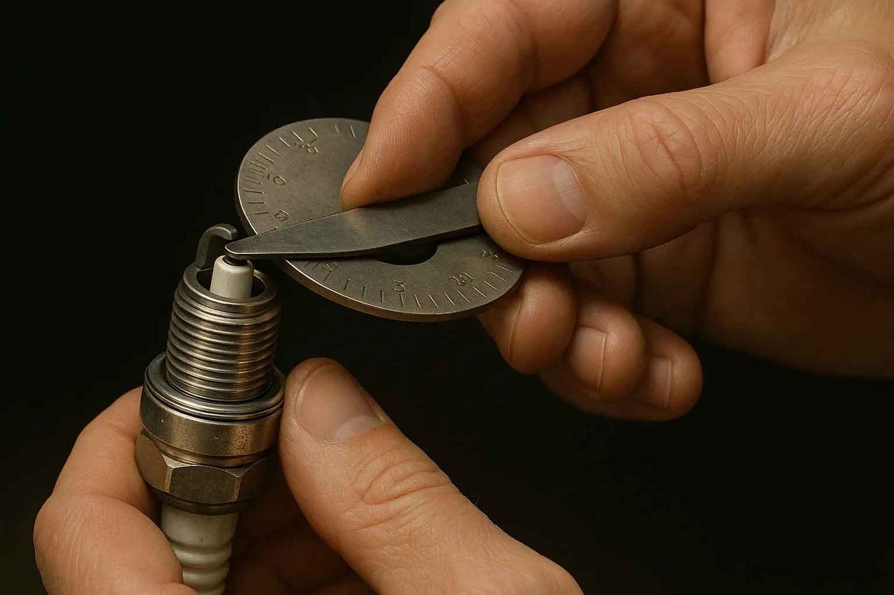O persoană măsoară distanța electrodului unei bujii cu un instrument de măsurare a grosimii.