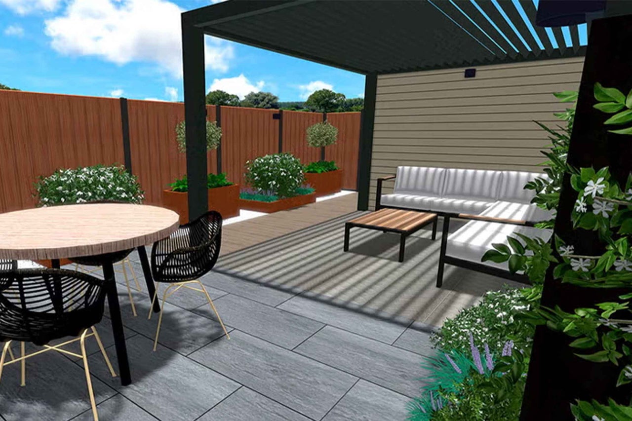 Spațiu exterior modern cu acoperiș cu lamele, mobilier de grădină, zonă de dining pe dale de terasă gri și gard din lemn.