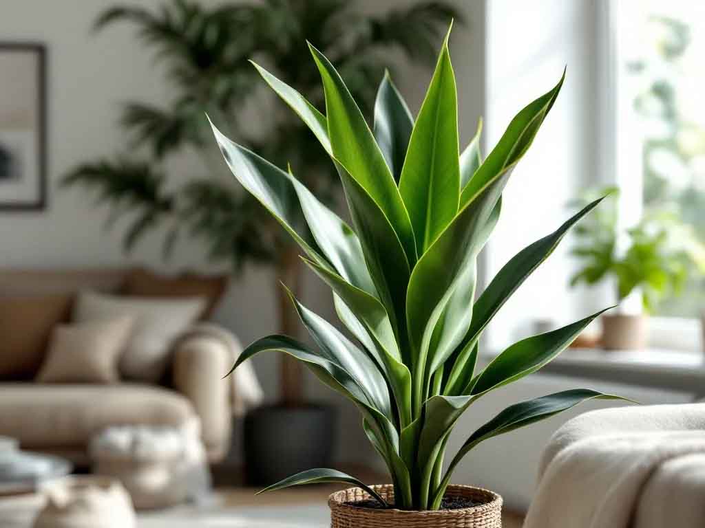 Plantă de interior în coș împletit în camera de zi.