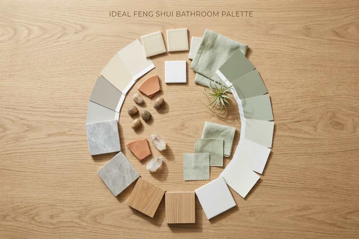 Paletă organizată de culori Feng Shui pentru baie, cu plăci ceramice, mostre de lemn, culori și materiale textile în nuanțe naturale.
