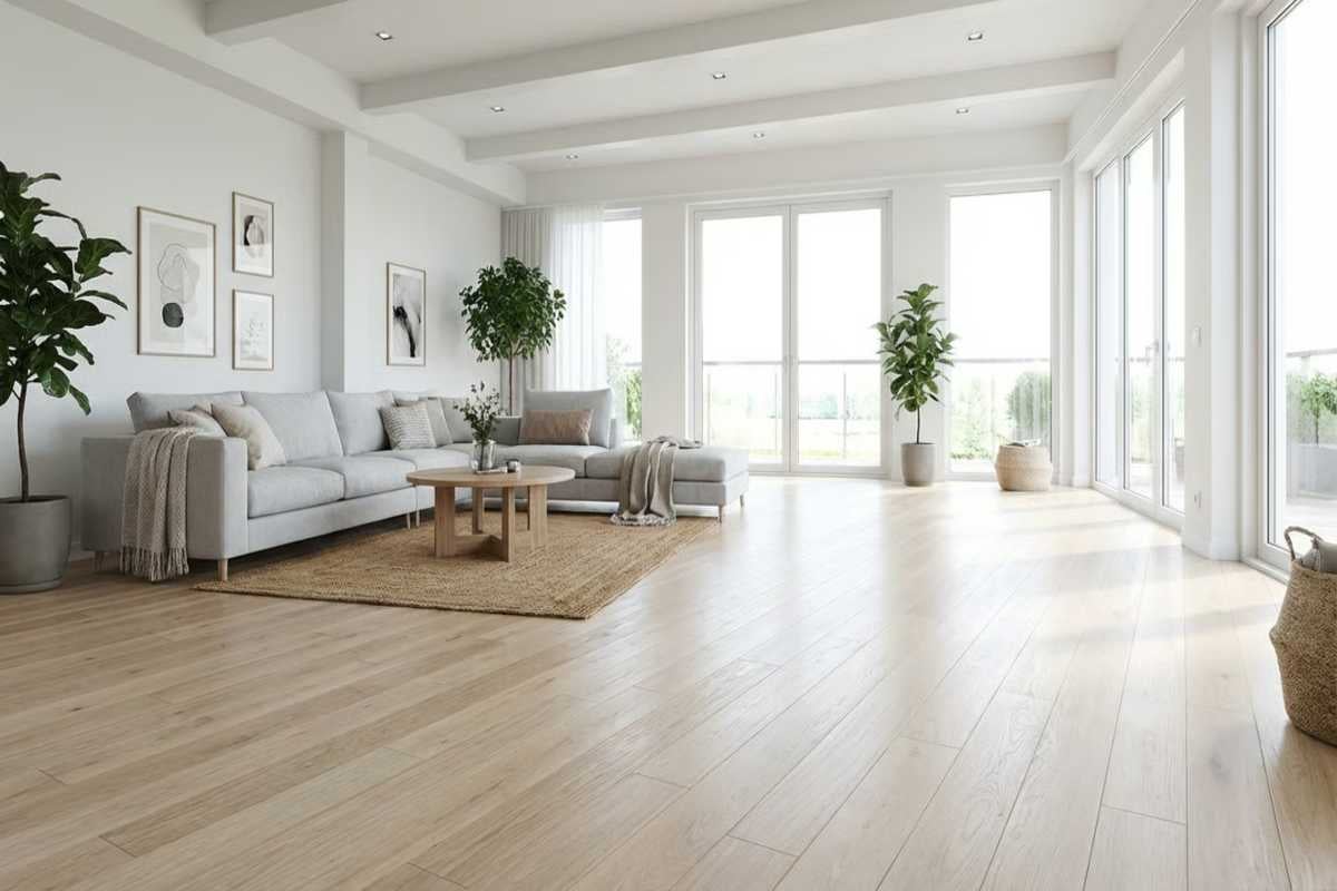 Cameră de zi modernă și luminoasă, cu pardoseală din lemn deschis, canapea gri, măsuță rotundă din lemn pe covor de iută și ferestre mari.