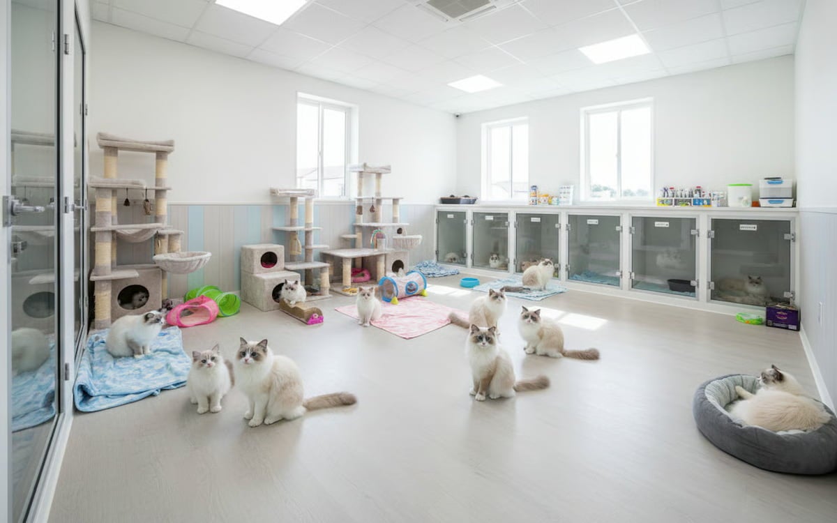 Cameră luminoasă cu stâlpi de zgâriat pentru pisici, jucării și pisici în țarcuri și libere în cameră.