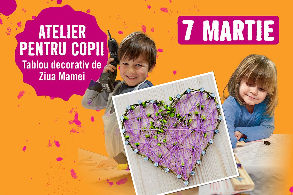 Anunț pentru un atelier pentru copii pe 7 martie cu tema tablou decorativ pentru Ziua Mamei.