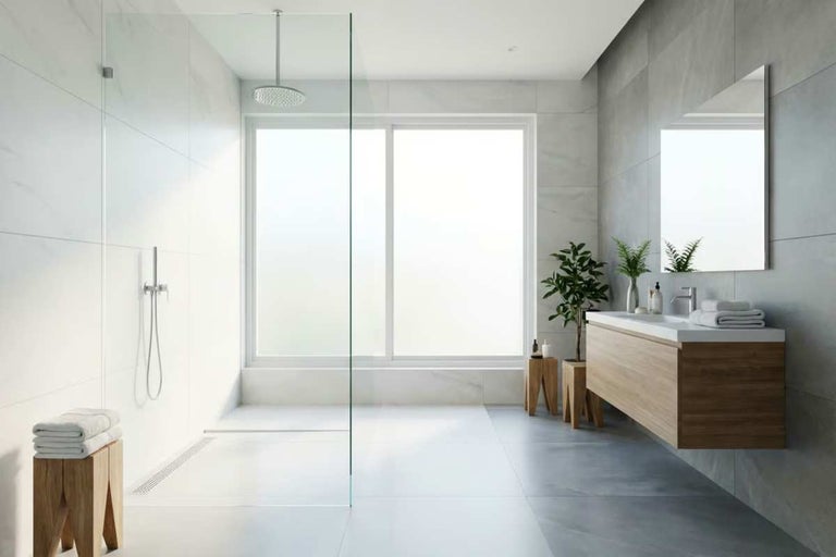 Baie modernă și luminoasă cu duș walk-in, perete de sticlă, mască de chiuvetă suspendată din lemn, oglindă mare și faianță gri.