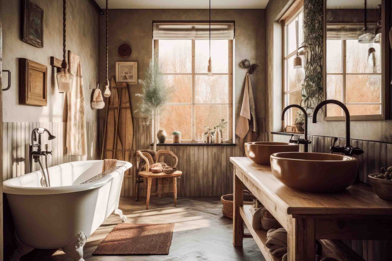 Baie rustică cu cadă de sine stătătoare, mască de chiuvetă din lemn, două lavoare pe blat, baterii negre și fereastră mare.