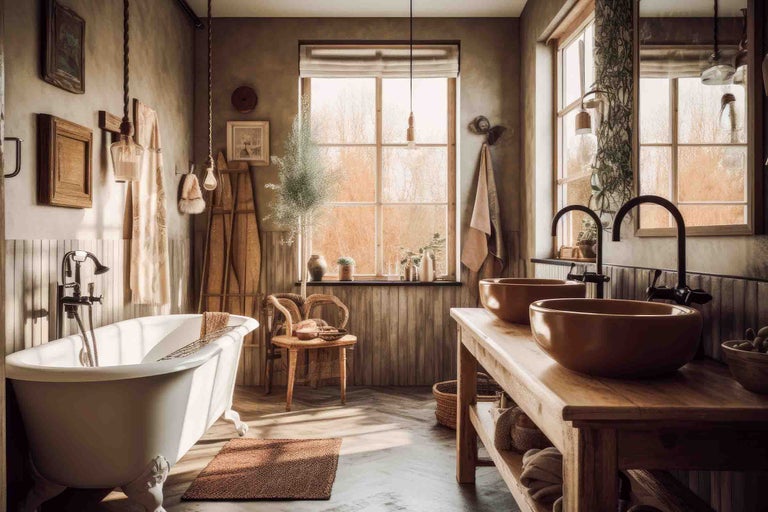 Baie rustică cu cadă de sine stătătoare, mască de chiuvetă din lemn, două lavoare pe blat, baterii negre și fereastră mare.