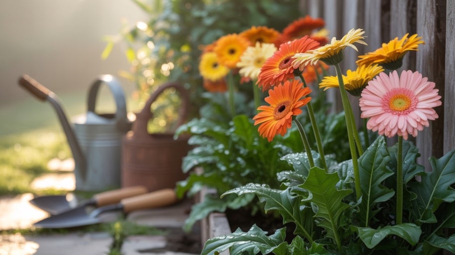 Flori gerbera într-un strat de grădină, împreună cu unelte de grădinărit și stropitori.
