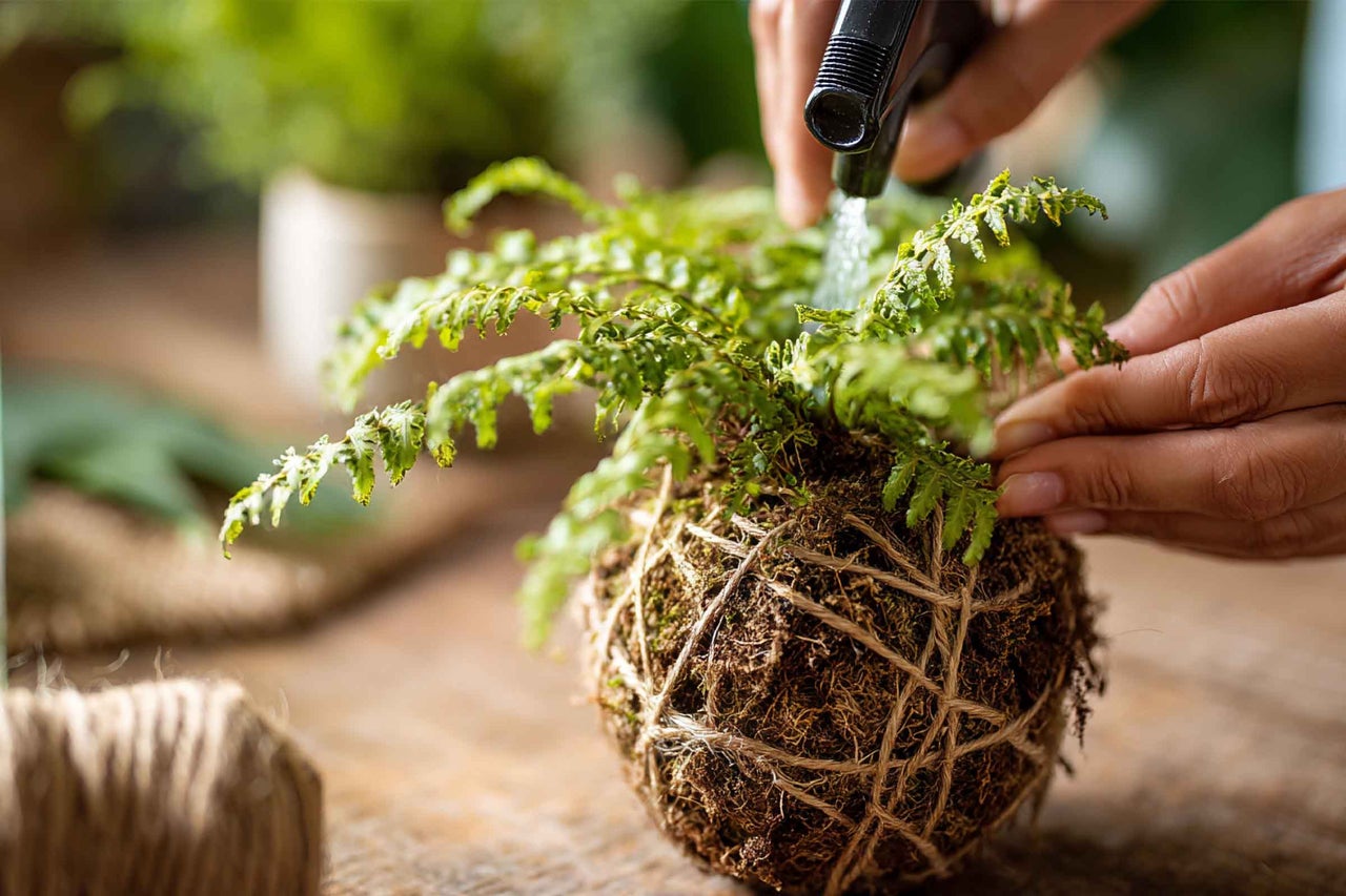 O mână pulverizează apă pe o ferigă dintr-o bilă de mușchi kokedama cu un pulverizator.
