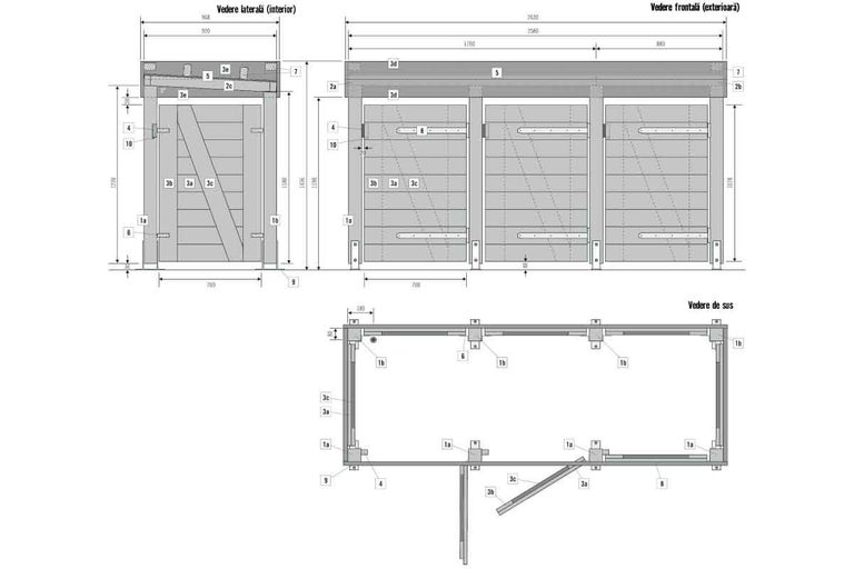 Desen tehnic al unei magazii de grădină cu diferite vederi și dimensiuni.