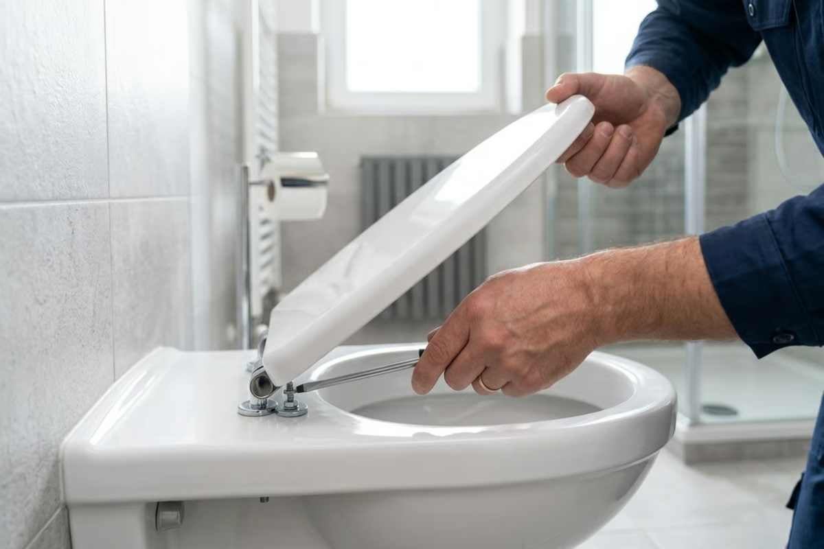 Montarea unui capac de toaletă alb cu o șurubelniță pe un vas de toaletă într-o baie luminoasă.