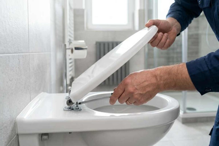 Montarea unui capac de toaletă alb cu o șurubelniță pe un vas de toaletă într-o baie luminoasă.