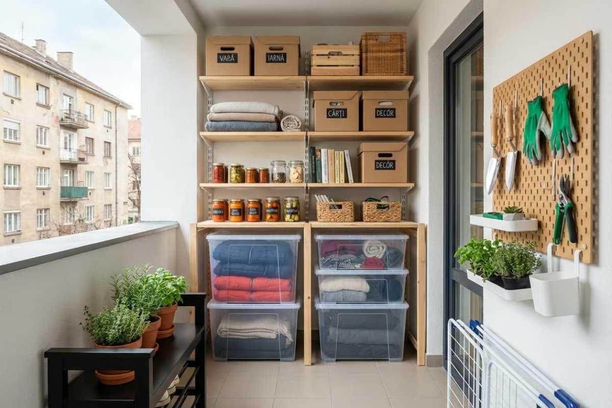 Sistem de depozitare pe balcon cu rafturi, cutii din carton etichetate, containere din plastic transparente, panou perforat și ierburi la ghiveci.