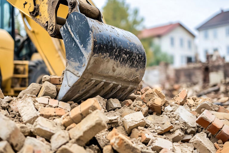 O cupa de excavator deasupra unei gramezi de caramizi sparte si moloz rezultat din demolari
