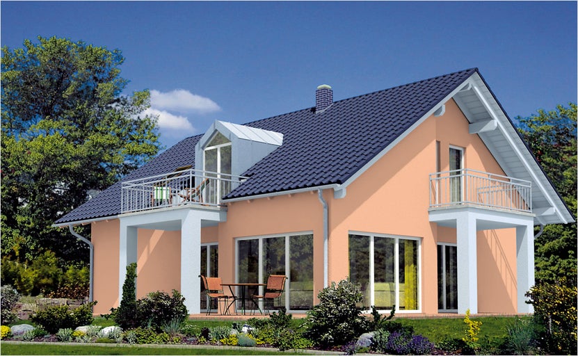 Vedere a unei case individuale cu balcoane și terasă