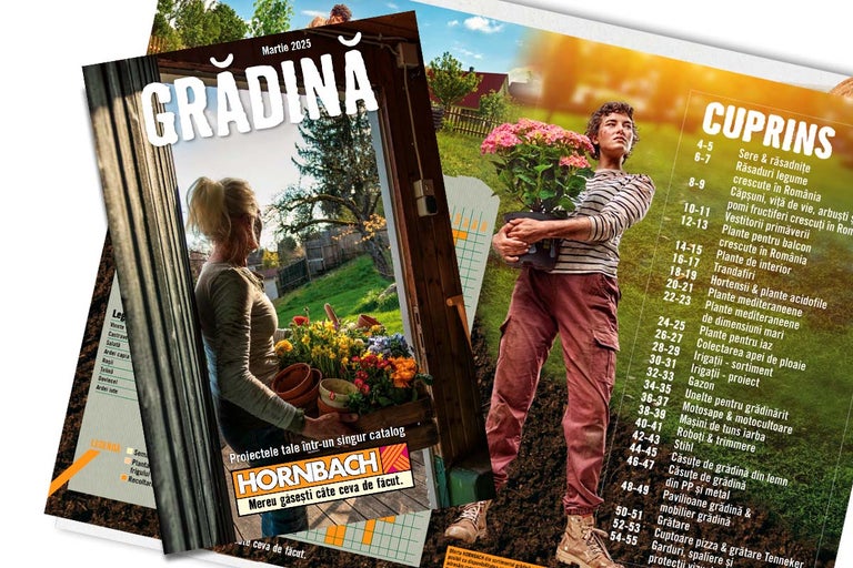 Catalog grădină Hornbach martie 2025 cu femeie în grădină și femeie cu hortensii