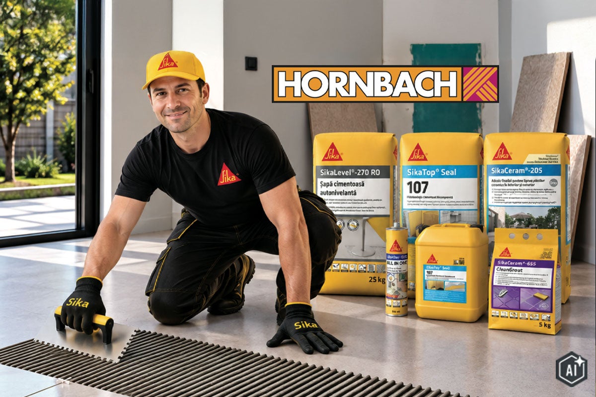 Meșter montând plăci ceramice cu produse de construcție Sika într-o încăpere, logo Hornbach.