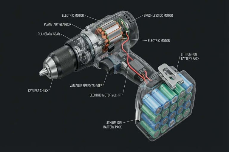 Vizualizare interioară a unei mașini de găurit și înșurubat cu acumulator, cu mandrin fără cheie, declanșator de viteză variabilă, motor de curent continuu fără perii, motor electric și acumulator litiu-ion