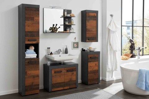 Baie cu lavoar, dulap cu oglindă, dulap înalt și dulap suspendat cu design modern și elemente din lemn