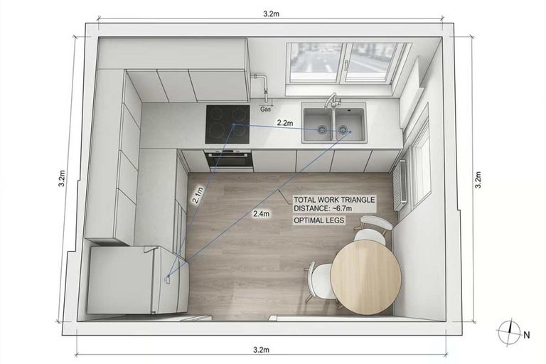 Planul unei bucătării cu triunghi de lucru între aragaz, chiuvetă și frigider, inclusiv zonă de luat masa și dimensiuni de circa 3,2 metri.