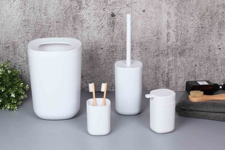 Set de baie cu coș de gunoi, pahar, set perie WC și dozator de săpun
