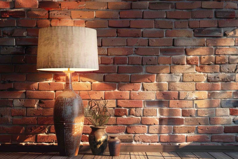 Perete din cărămidă rustică în stil industrial, cu o lampă de masă mare din ceramică și vaze decorative pe o podea din lemn.