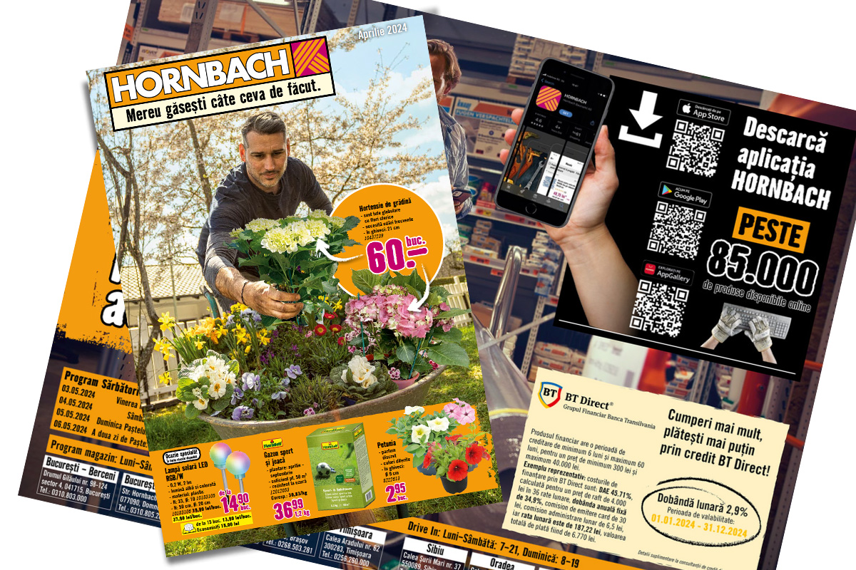 Publicitate Hornbach cu scenă de grădină, smartphone și ofertă de finanțare