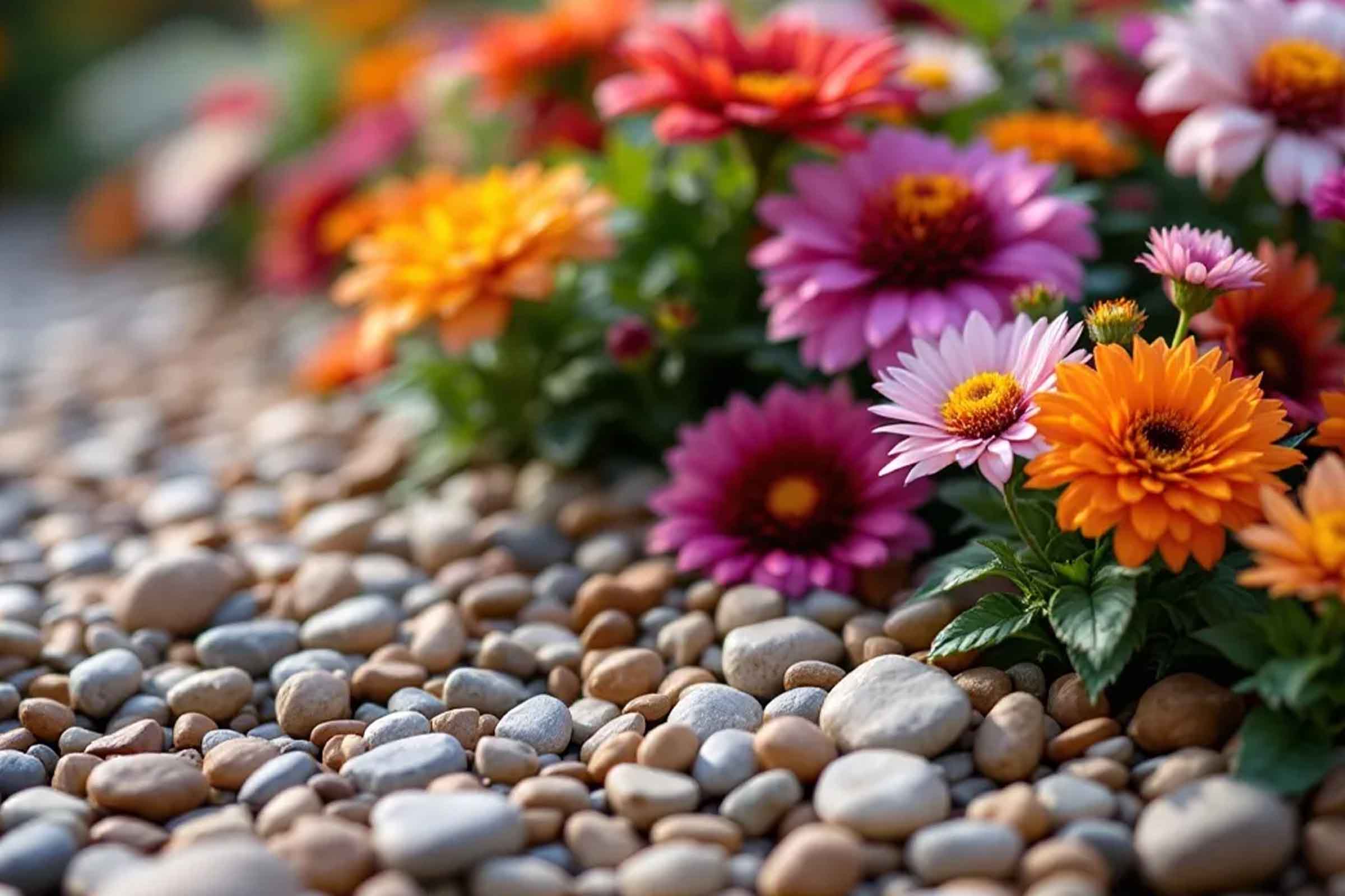 Prim-plan cu zinnii colorați în fața pietrișului