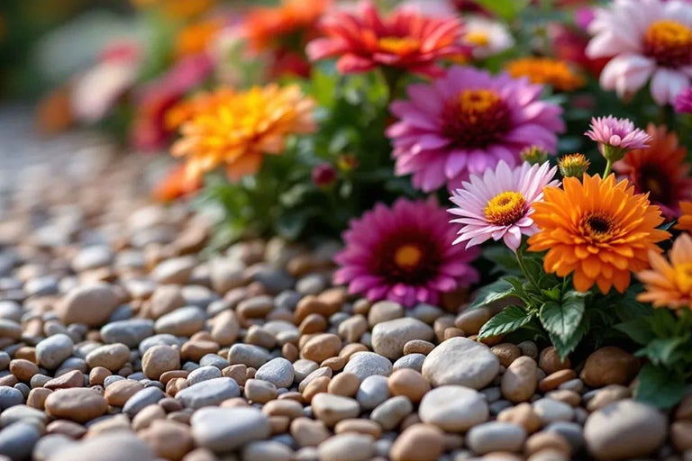 Prim-plan cu zinnii colorați în fața pietrișului