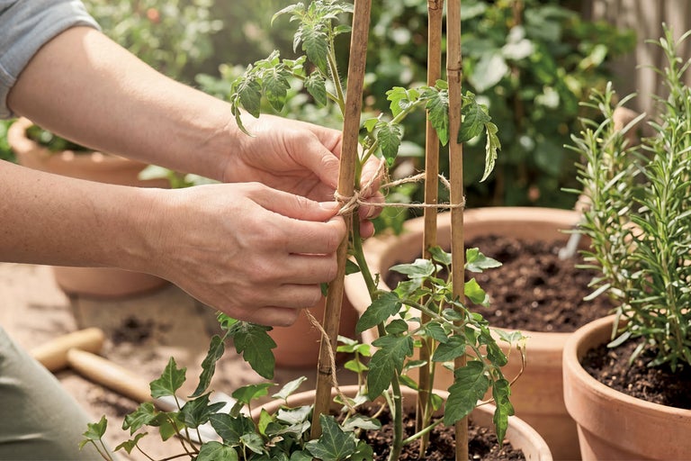 Mâini care leagă o plantă de tomate cu sfoară de iută de un suport de bambus într-un ghiveci de lut.