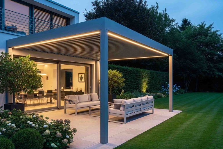 Pergolă modernă din aluminiu cu lamele și iluminare LED pe o terasă pavată cu mobilier de grădină și gazon la amurg.