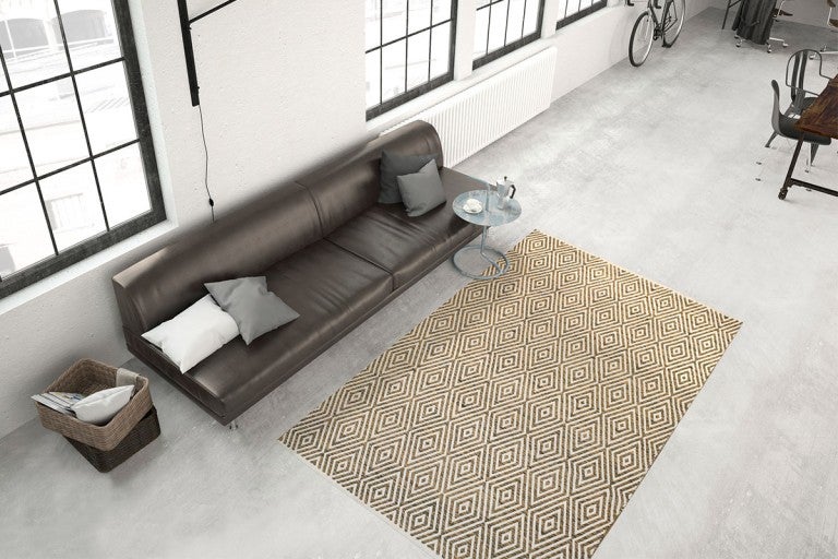 Cameră de zi cu canapea, masă și covor cu model în romburi