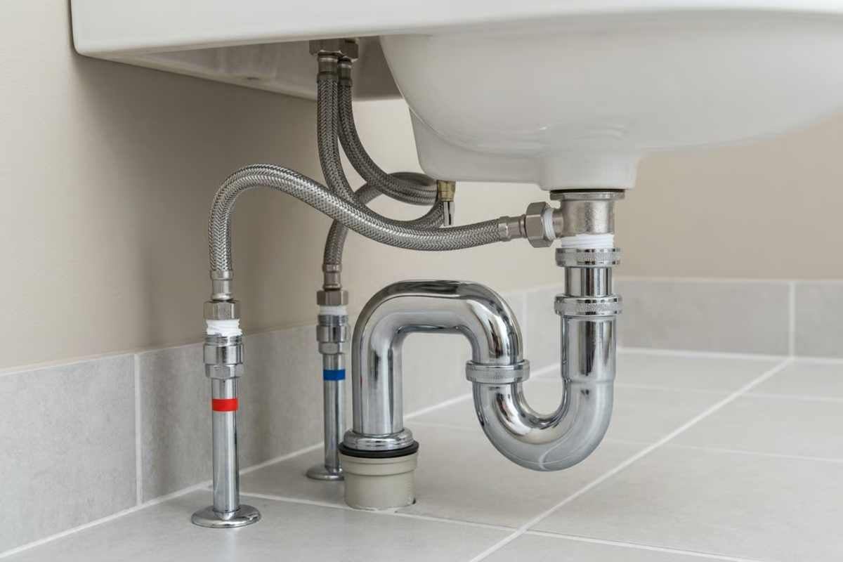 Instalarea unei chiuvete cu sifon, robinete colțar și furtunuri de racordare flexibile.