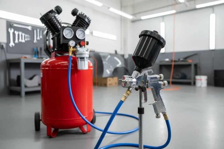 Compresor cu piston și pistol de pulverizare într-un atelier