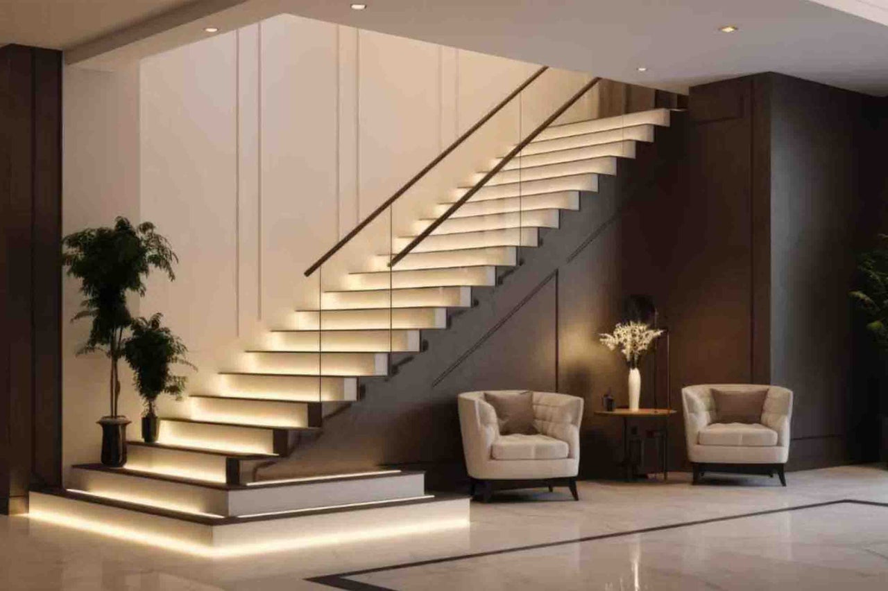 Scară modernă cu iluminare LED integrată sub trepte, balustradă din sticlă și două fotolii în hol.