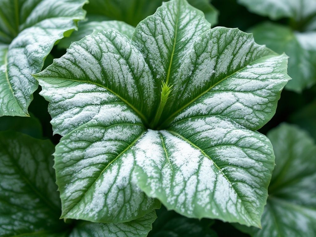 Prim-plan al unei plante Rodgersia cu frunze mari, verzi și pudră albă