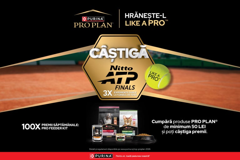 Purina Pro Plan Logo și Purina Logo. Promoție Nitto ATP Finals cu hrană pentru câini și pisici și șansa de a câștiga premii.