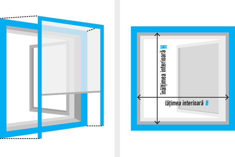 Ilustrație a montajului unei ferestre cu dimensiuni pentru înălțimea interioară și lățimea interioară