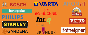 Logourile diferiților producători, inclusiv Bosch, Varta, Hansgrohe, Philips, Stanley, Gardena